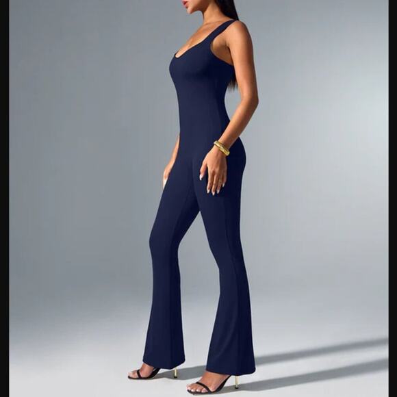 Vilanva XL Navy Blue Jumpsuit Flare Leg Unitard Romper Blogger Influencer Fave - Picture 1 of 10
